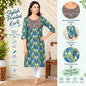 A woman modeling a printed kurta dress with three-quarter sleeves, shown in a styled indoor setting with informational callouts on the left and right. The kurta has a blue, green, and white geometric print with an embroidered neckline.