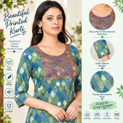 A woman modeling a printed kurta with three-quarter sleeves, set against a light green background with product feature callouts and circular detail insets showing the neckline embroidery, sleeve design, and geometric print.