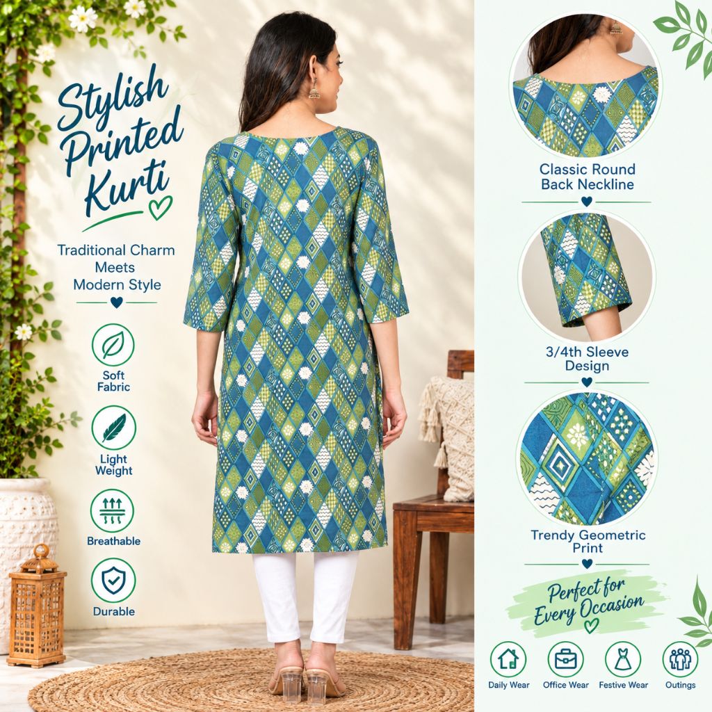 A woman modeling a printed traditional kurta from the back, shown in a styled indoor setting with informational text and detail callouts on the right. The kurta has a geometric print in teal, green, blue, and white, with three-quarter sleeves and a round neckline.