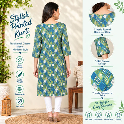 A woman modeling a printed traditional kurta from the back, shown in a styled indoor setting with informational text and detail callouts on the right. The kurta has a geometric print in teal, green, blue, and white, with three-quarter sleeves and a round neckline.