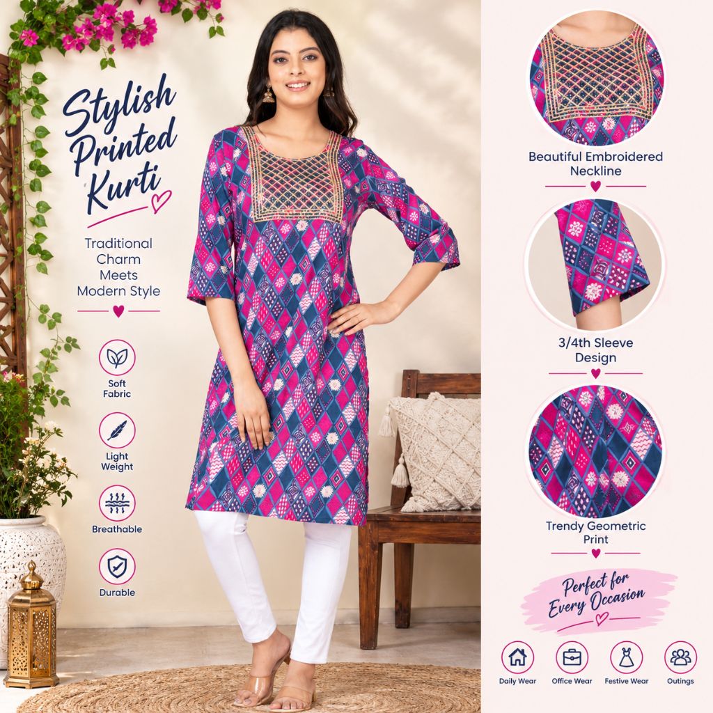 A woman modeling a pink and navy printed kurta with geometric patterns and an embroidered neckline, shown in a styled indoor setting with product feature callouts and close-up detail circles on the right.