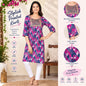 A woman modeling a pink and navy printed kurta with geometric patterns and an embroidered neckline, shown in a styled indoor setting with product feature callouts and close-up detail circles on the right.