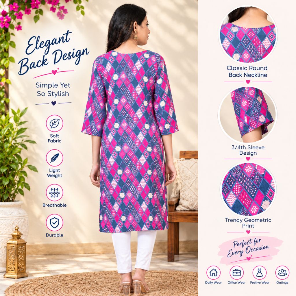 A woman shown from the back wearing a knee-length kurta with a colorful geometric argyle pattern in pink, blue, purple, and white. The image includes marketing text and circular detail callouts on the right side highlighting the neckline, sleeves, and print.