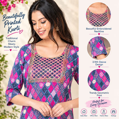 A woman wearing a colorful printed kurta with geometric patterns in pink, blue, and purple, shown alongside feature callouts on the right detailing the embroidered neckline, 3/4 sleeve design, and geometric print.