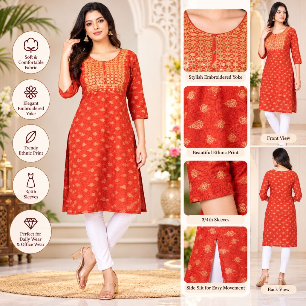 A red-orange kurta with gold ethnic prints, shown in a collage with front and back views, close-up fabric details, and feature callouts on the left.