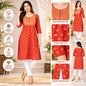 A red-orange kurta with gold ethnic prints, shown in a collage with front and back views, close-up fabric details, and feature callouts on the left.