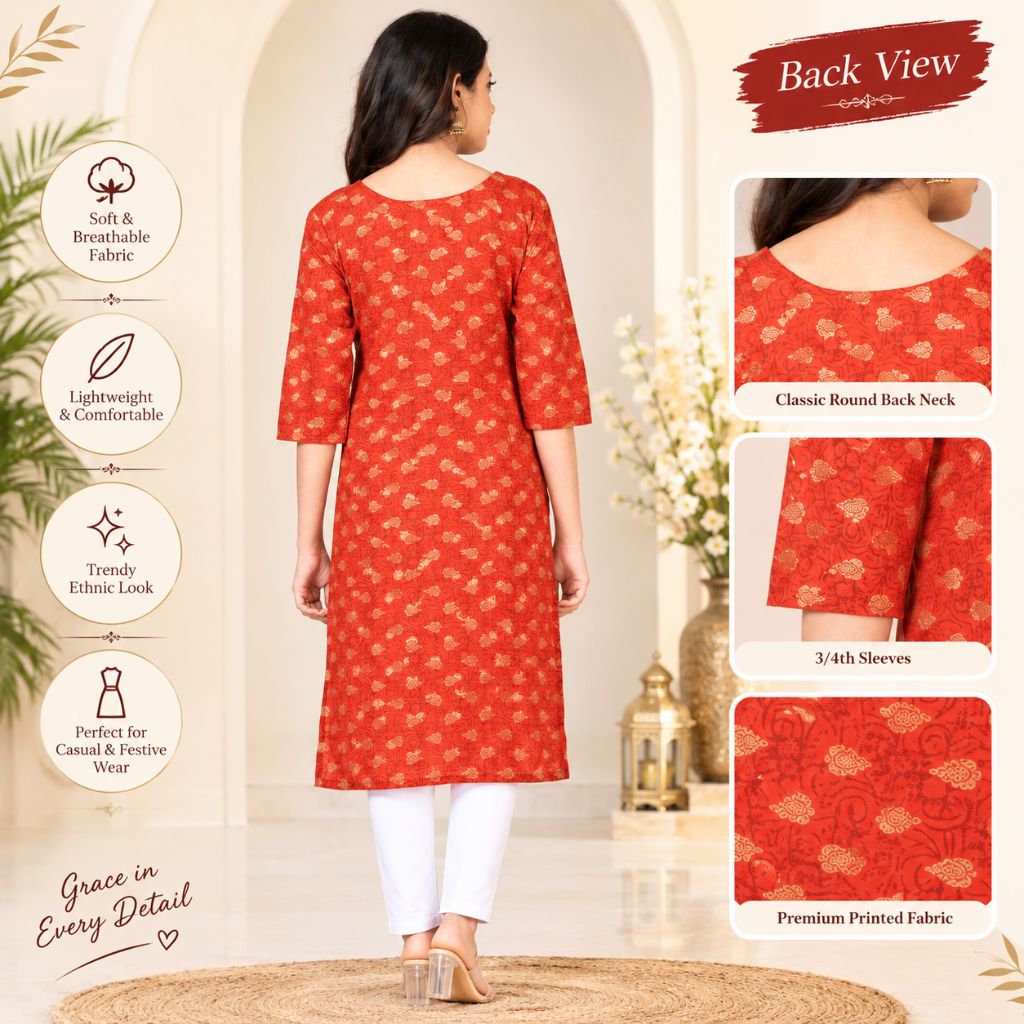 A woman modeling a red ethnic kurta with a gold floral print from the back, shown in a styled indoor setting with inset detail images of the neckline, sleeves, and fabric pattern.