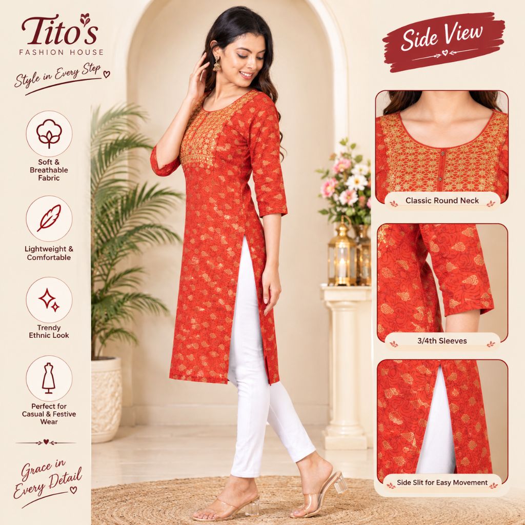 A woman modeling a red and gold printed kurta with white pants in an indoor styled setting. The image includes promotional text and inset detail views showing the neckline, sleeves, and side slit, with the brand name Tito's Fashion House visible on the left.