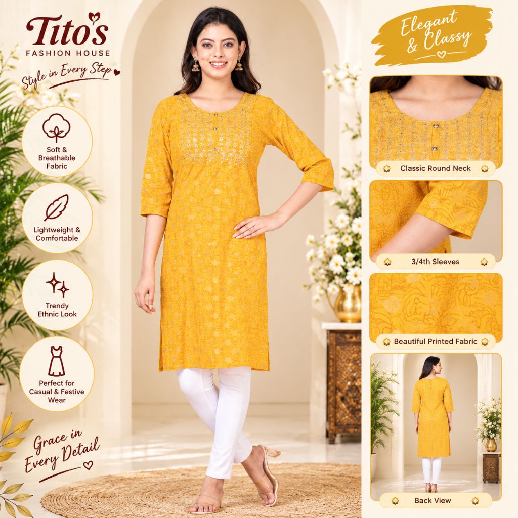 A woman modeling a yellow printed kurta with 3/4 sleeves and a round neckline, shown in a styled indoor setting with product feature callouts and inset detail views on the right. The brand name 'Tito's Fashion House' is visible in the top left.