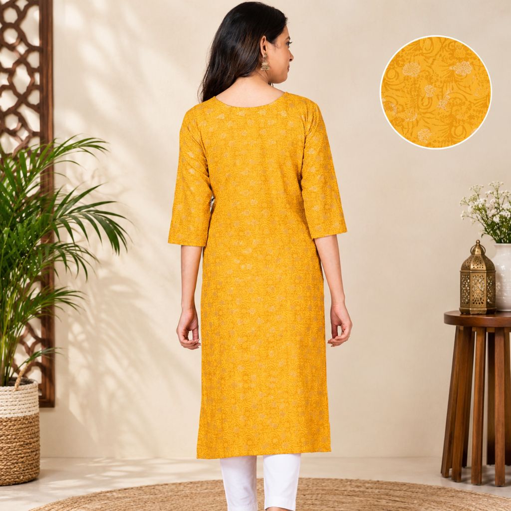 A woman is shown from the back wearing a mustard yellow kurta with a subtle white floral pattern. The image features a circular inset in the top right showing a close-up of the fabric pattern.