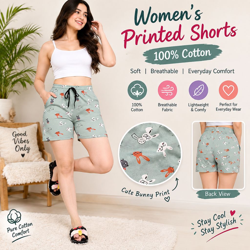 Printed Shorts for Ladies – Soft Cotton Bunny Print Casual Half Pant