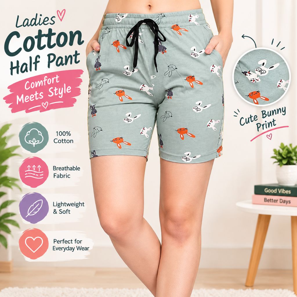 Printed Shorts for Ladies – Soft Cotton Bunny Print Casual Half Pant