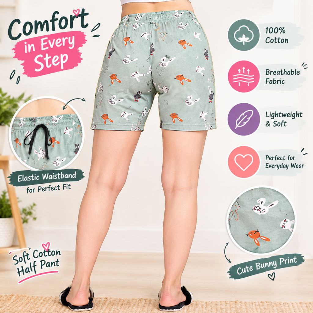 Printed Shorts for Ladies – Soft Cotton Bunny Print Casual Half Pant