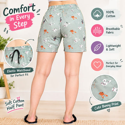 Ladies soft cotton half pants with cute bunny print, elastic waistband, breathable lightweight fabric, casual everyday wear shorts.