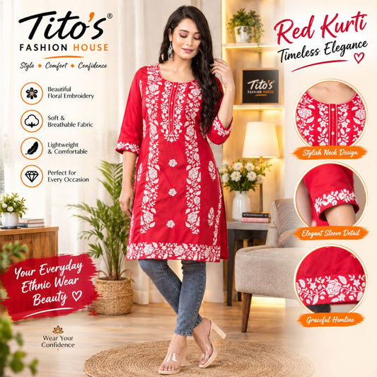 A woman models a red kurta with white floral embroidery in a styled indoor room setting. The image includes promotional text for 'Tito's Fashion House' and close-up detail callouts showing the neckline, sleeve, and hem embroidery.