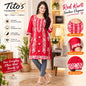 A woman models a red kurta with white floral embroidery in a styled indoor room setting. The image includes promotional text for 'Tito's Fashion House' and close-up detail callouts showing the neckline, sleeve, and hem embroidery.