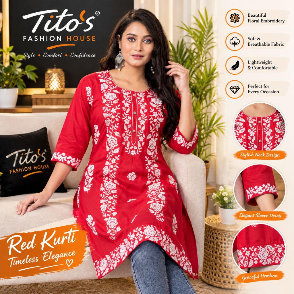 A woman models a red kurta with white floral embroidery, styled with blue jeans in a cozy indoor setting. The image features promotional text overlays for 'Tito's Fashion House' highlighting the kurta's features, including beautiful floral embroidery, soft breathable fabric, lightweight comfort, and suitability for every occasion.