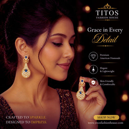 Advertisement for TITOS Fashion House jewelry with a woman wearing earrings.