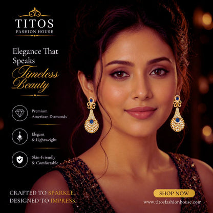 Advertisement for TITOS Fashion House jewelry with a model wearing earrings.