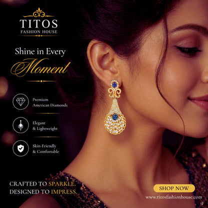 Advertisement for TITOS Fashion House jewelry with a woman wearing an earring.