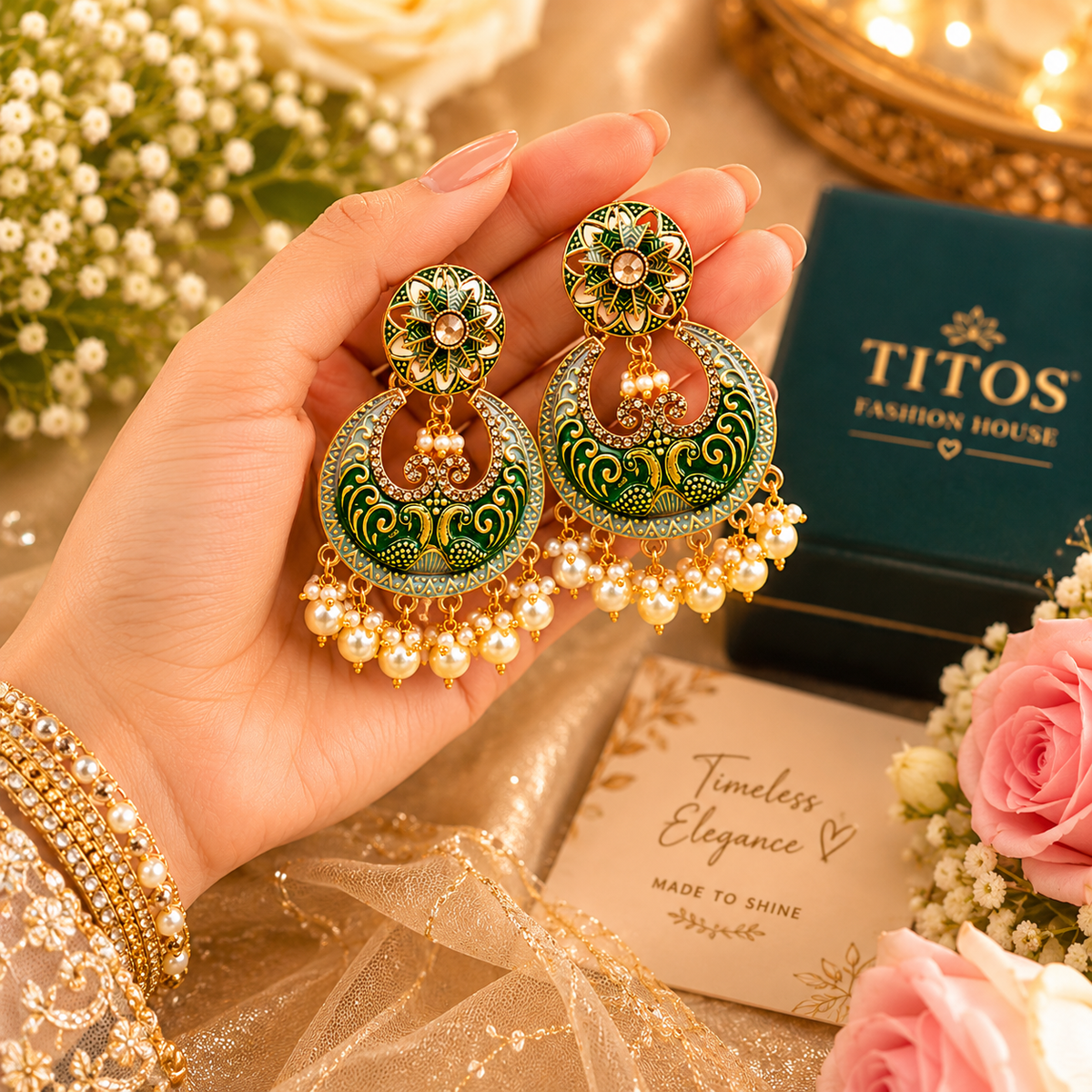 Royal Green Pearl Drop Chandbali Earrings for Women