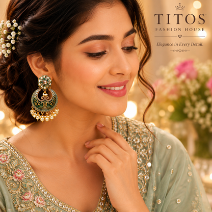 Woman wearing ornate earrings with TITOS Fashion House branding in the background