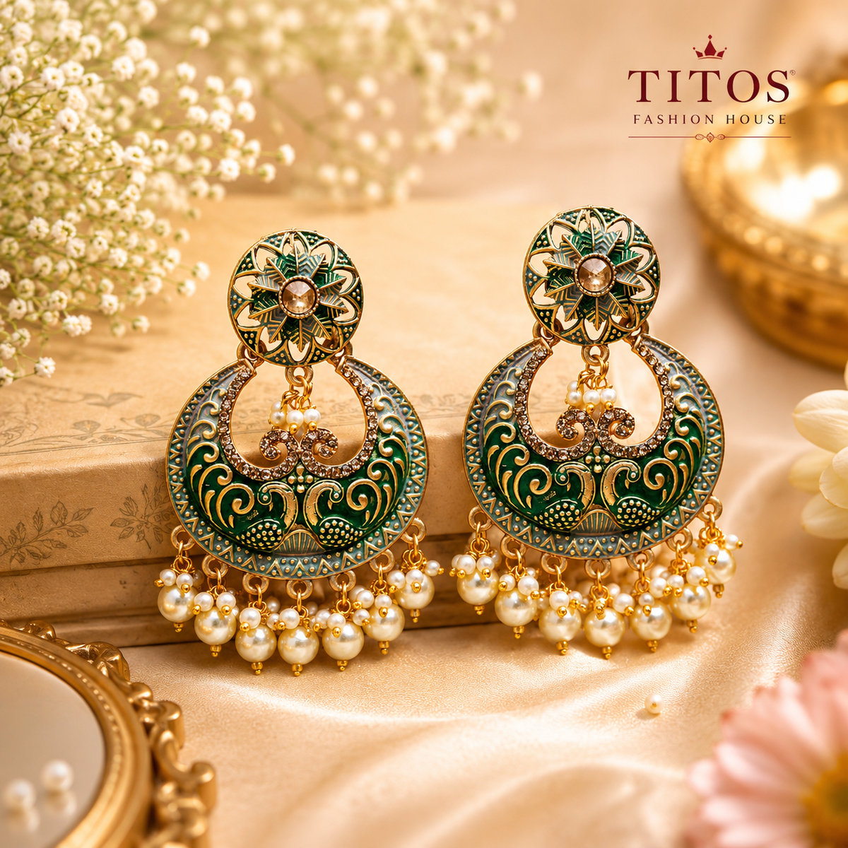 Royal Green Pearl Drop Chandbali Earrings for Women