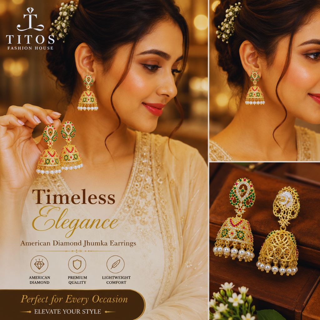 Royal Green & Ruby American Diamond Jhumka Earrings with Pearls