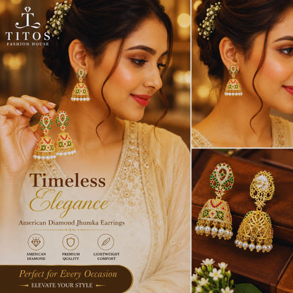 Advertisement for TITOS Fashion House diamond jhumka earrings with a woman wearing them.