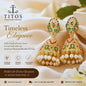 Gold and pearl earrings with gemstones on a soft fabric background, featuring TITOS Fashion House branding.
