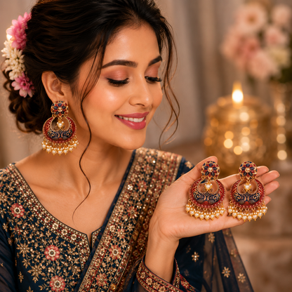 Woman holding and showing off ornate earrings with a decorated background