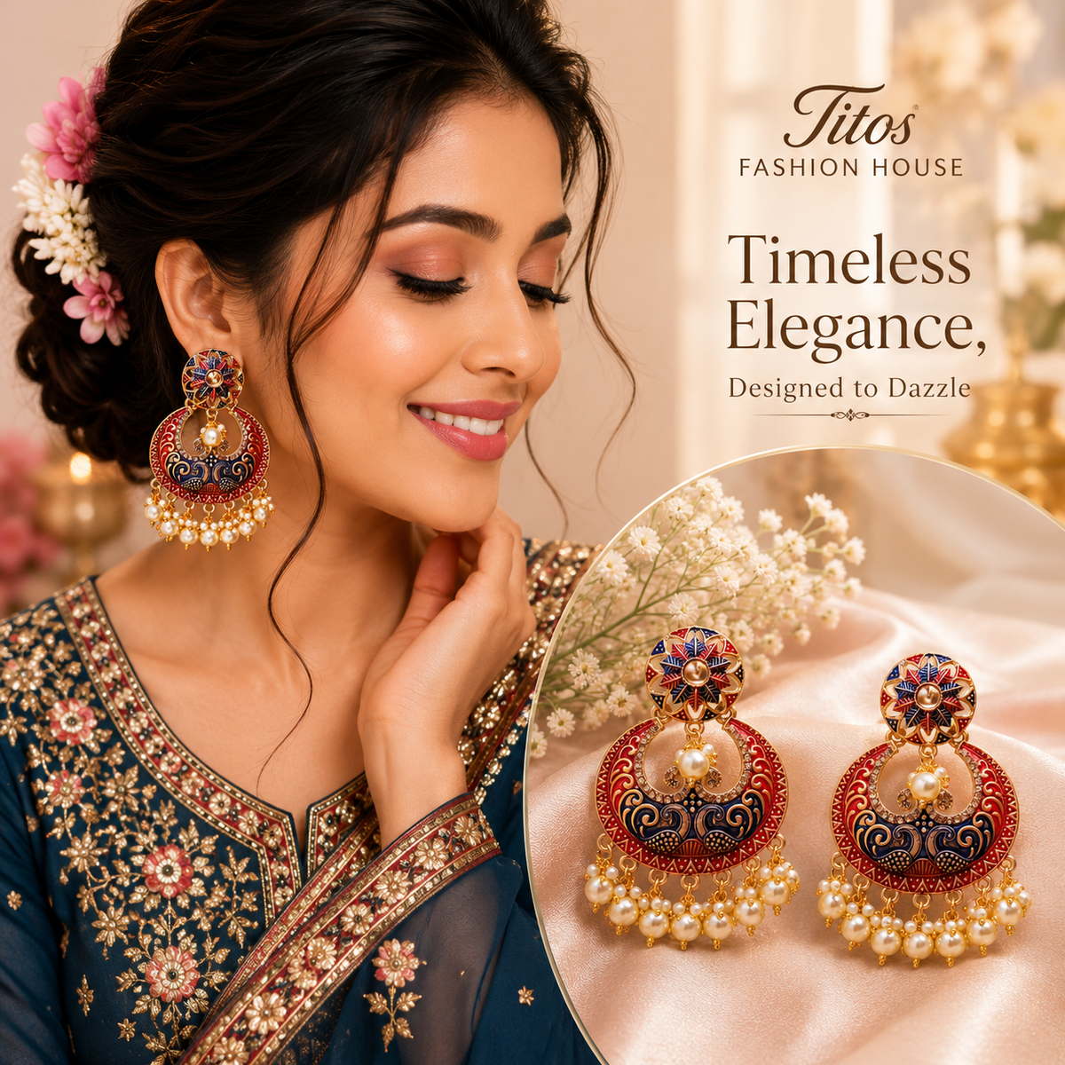 Royal Meenakari Pearl Chandbali Imitation Earrings for Women