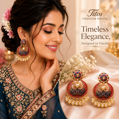 Woman wearing ornate earrings with a mirror reflection, branded as Titos Fashion House.