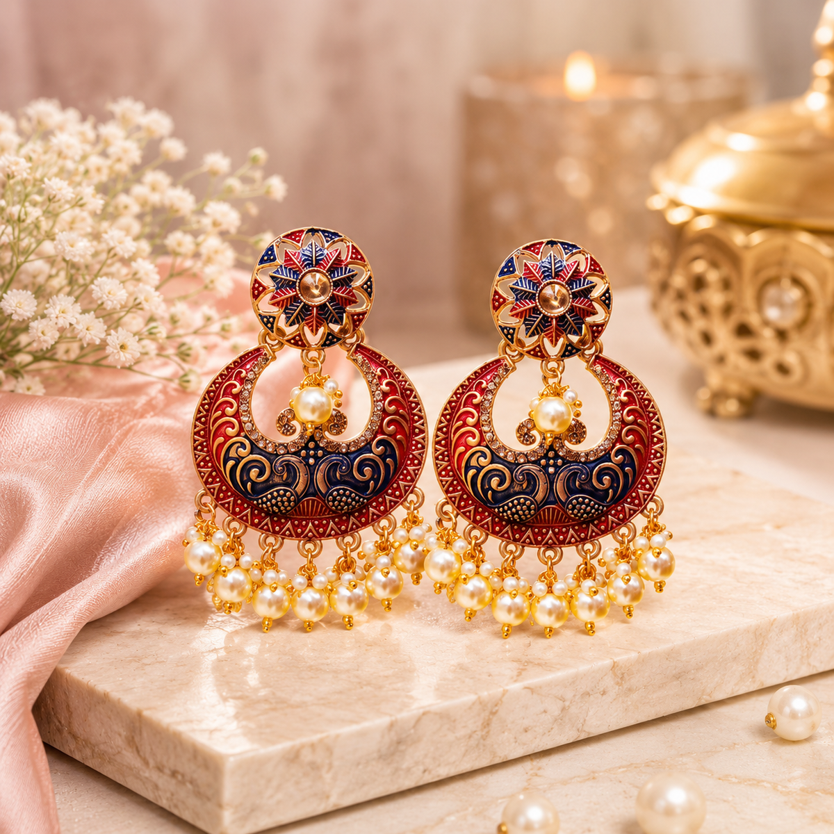Royal Meenakari Pearl Chandbali Imitation Earrings for Women