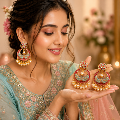 Woman holding and showing off ornate earrings with a blurred floral background