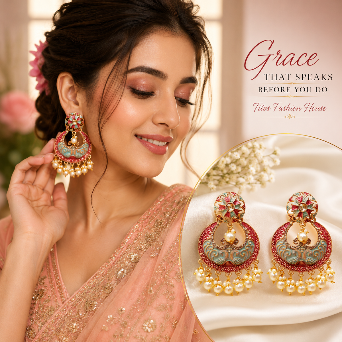 Royal Meenakari Pearl Drop Chandbali Imitation Earrings