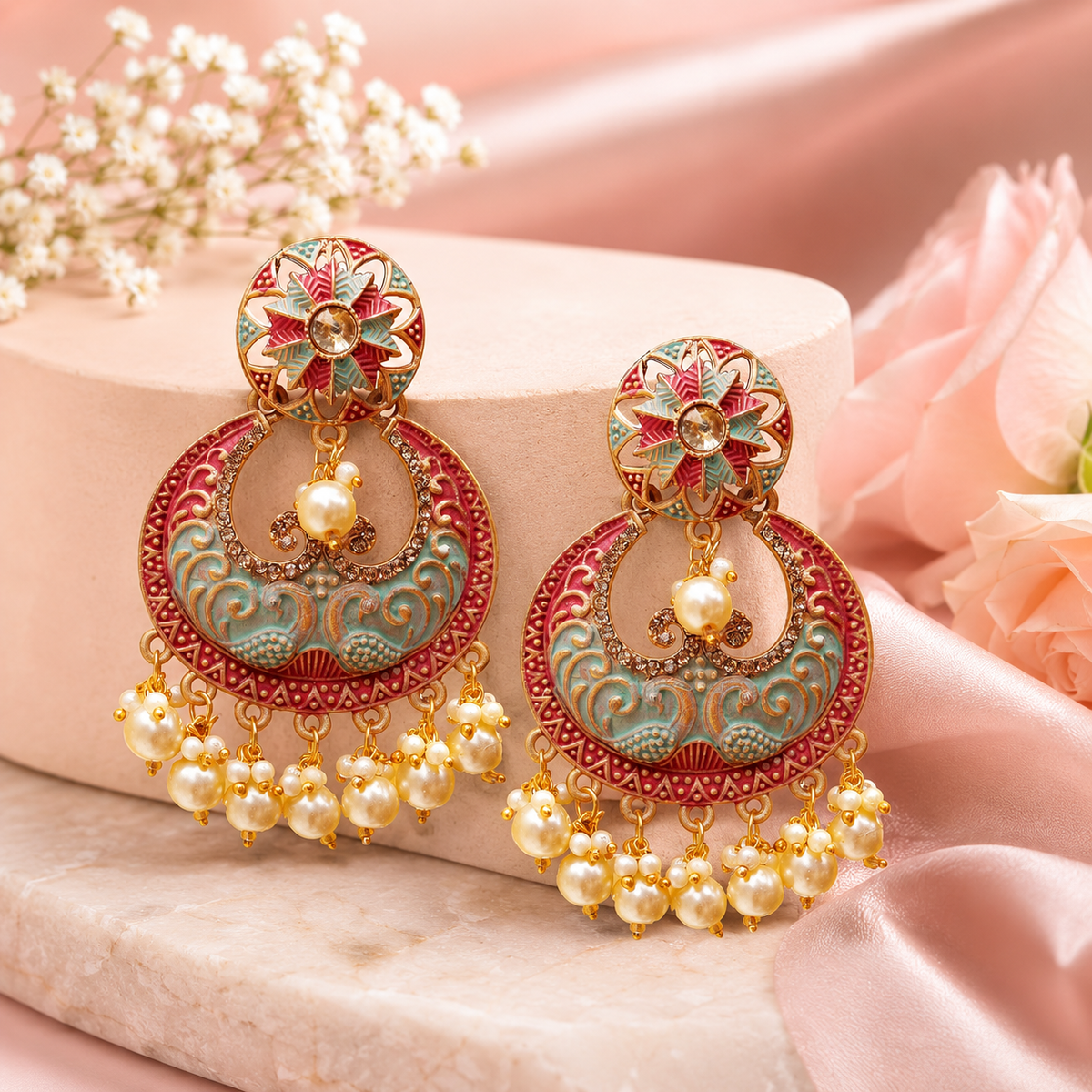 Royal Meenakari Pearl Drop Chandbali Imitation Earrings