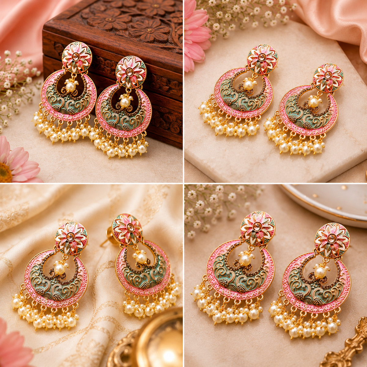 Royal Pastel Chandbali Earrings for Women | Pearl Drop Ethnic Imitation Jewellery | Titos Fashion House