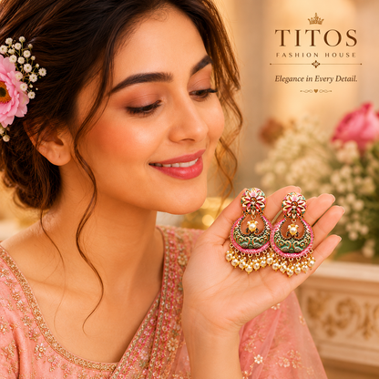 Woman holding ornate earrings with 'TITOS Fashion House' branding in the background.