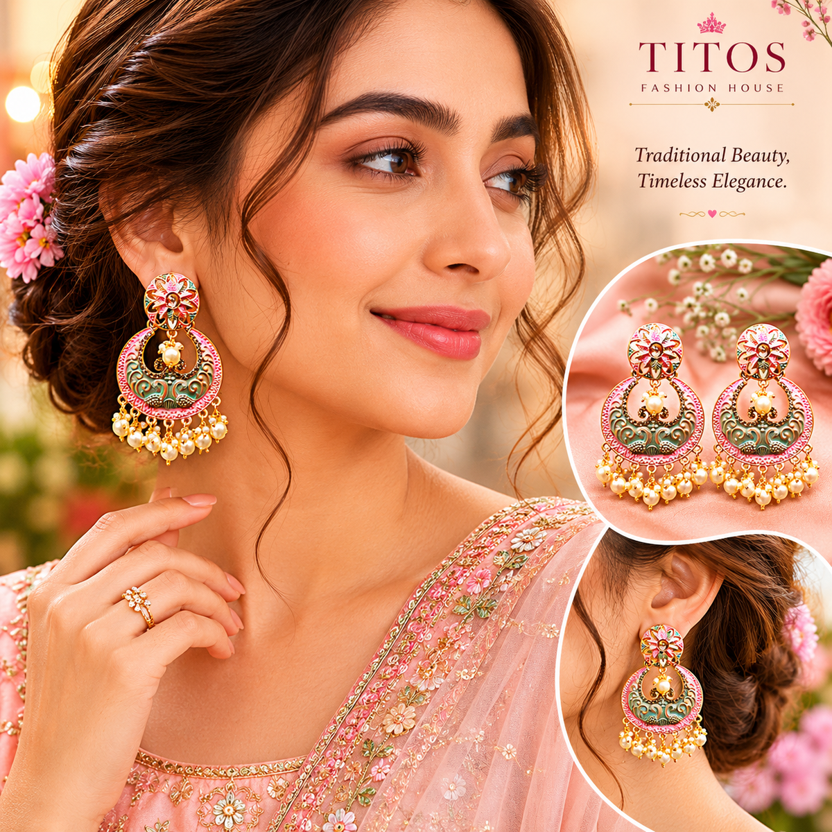 Royal Pastel Chandbali Earrings for Women | Pearl Drop Ethnic Imitation Jewellery | Titos Fashion House