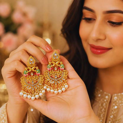 A woman elegantly holding a pair of ornate traditional gold-plated chandelier earrings featuring intricate ethnic detailing, colorful accents, sparkling stones, and multiple white pearl drops, with a warm, luxurious background.