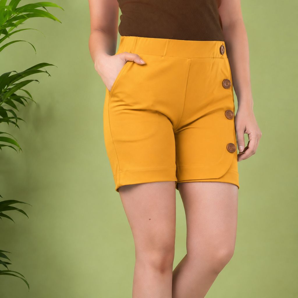Stylish Button Detail Ladies Hot Pant – Mustard Yellow | Casual Fashion Shorts