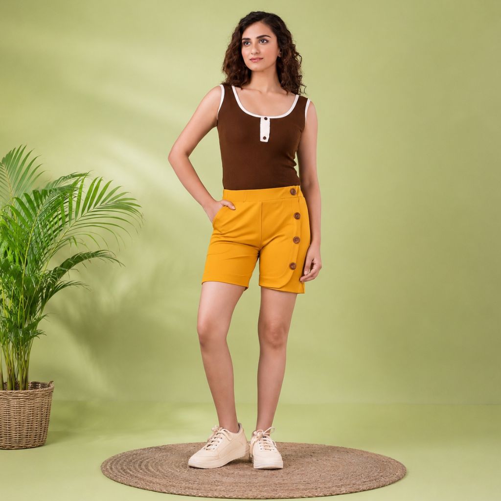 Stylish Button Detail Ladies Hot Pant – Mustard Yellow | Casual Fashion Shorts