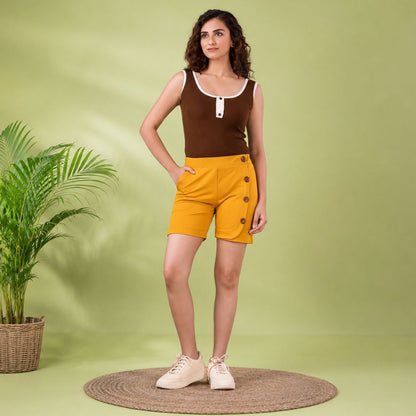 Stylish Button Detail Ladies Hot Pant – Mustard Yellow | Casual Fashion Shorts