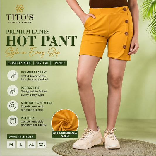 Stylish Button Detail Ladies Hot Pant – Mustard Yellow | Casual Fashion Shorts