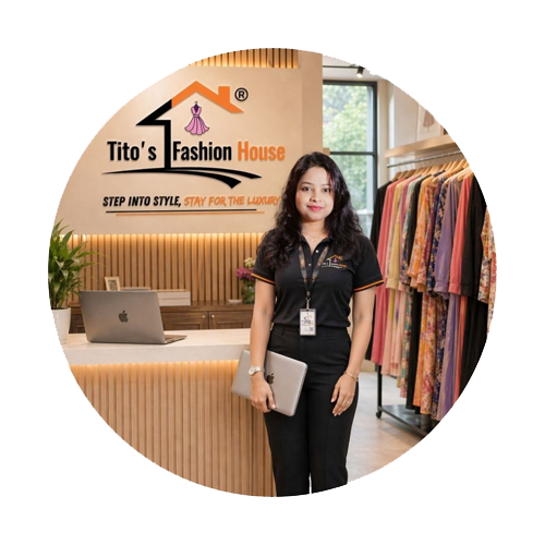 A woman stands in a boutique interior wearing a black short-sleeve polo shirt with orange and white logo details, paired with black pants. She holds a silver laptop and stands in front of a branded wall sign reading 'Tito's Fashion House.