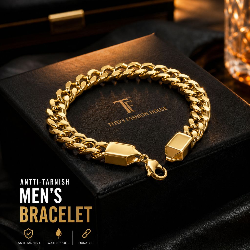 A gold-tone Cuban link men's bracelet with a clasp closure, displayed on a black presentation box branded 'TITO'S FASHION HOUSE'. The image includes text overlays highlighting key product features like 'ANTI-TARNISH', 'MEN'S BRACELET', and icons for 'ANTI-TARNISH', 'WATERPROOF', and 'DURABLE'.