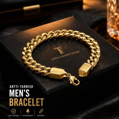 A gold-tone Cuban link men's bracelet with a clasp closure, displayed on a black presentation box branded 'TITO'S FASHION HOUSE'. The image includes text overlays highlighting key product features like 'ANTI-TARNISH', 'MEN'S BRACELET', and icons for 'ANTI-TARNISH', 'WATERPROOF', and 'DURABLE'.