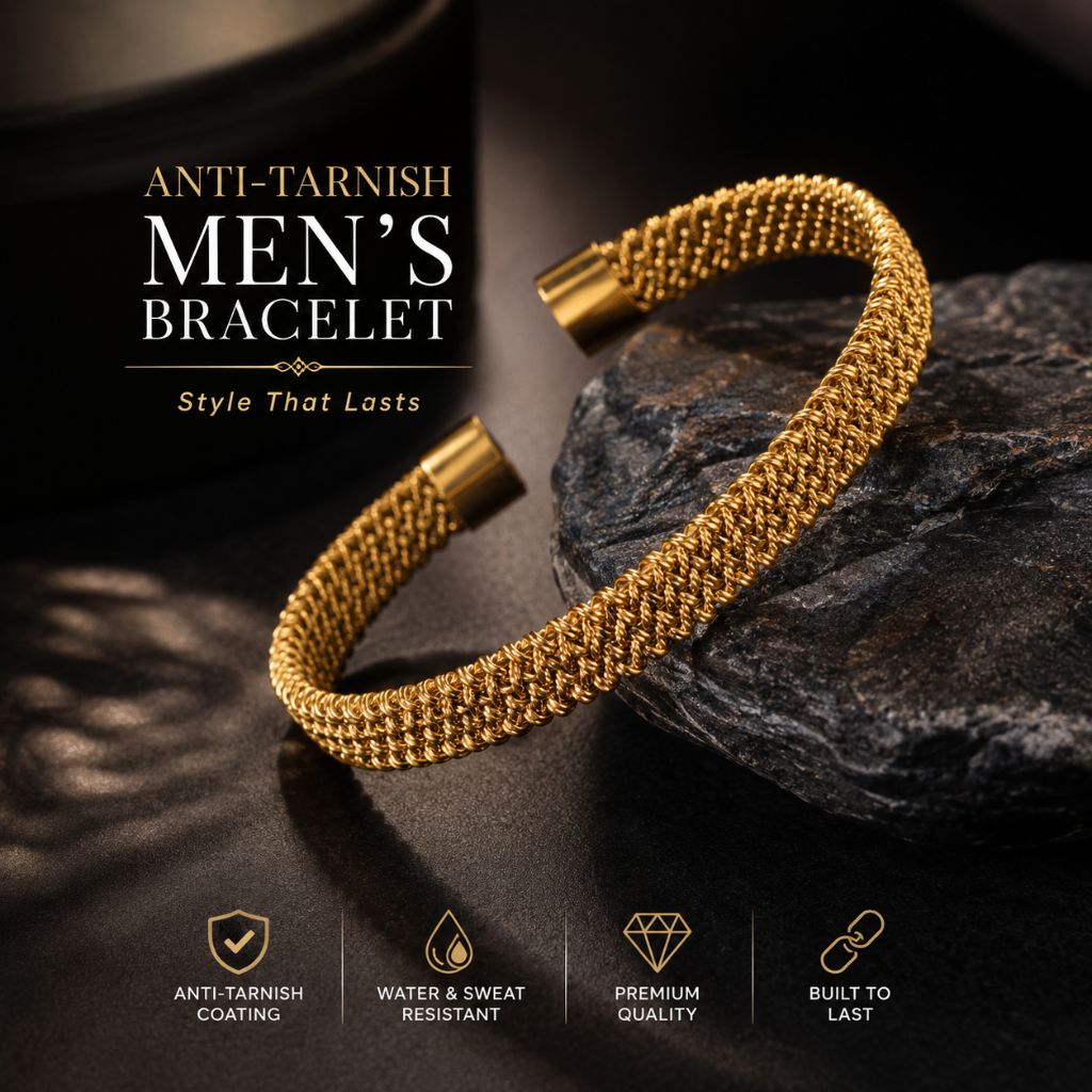 Gold-tone men's bracelet with a textured mesh-like woven design, shown open on a dark stone surface with promotional text and feature icons.