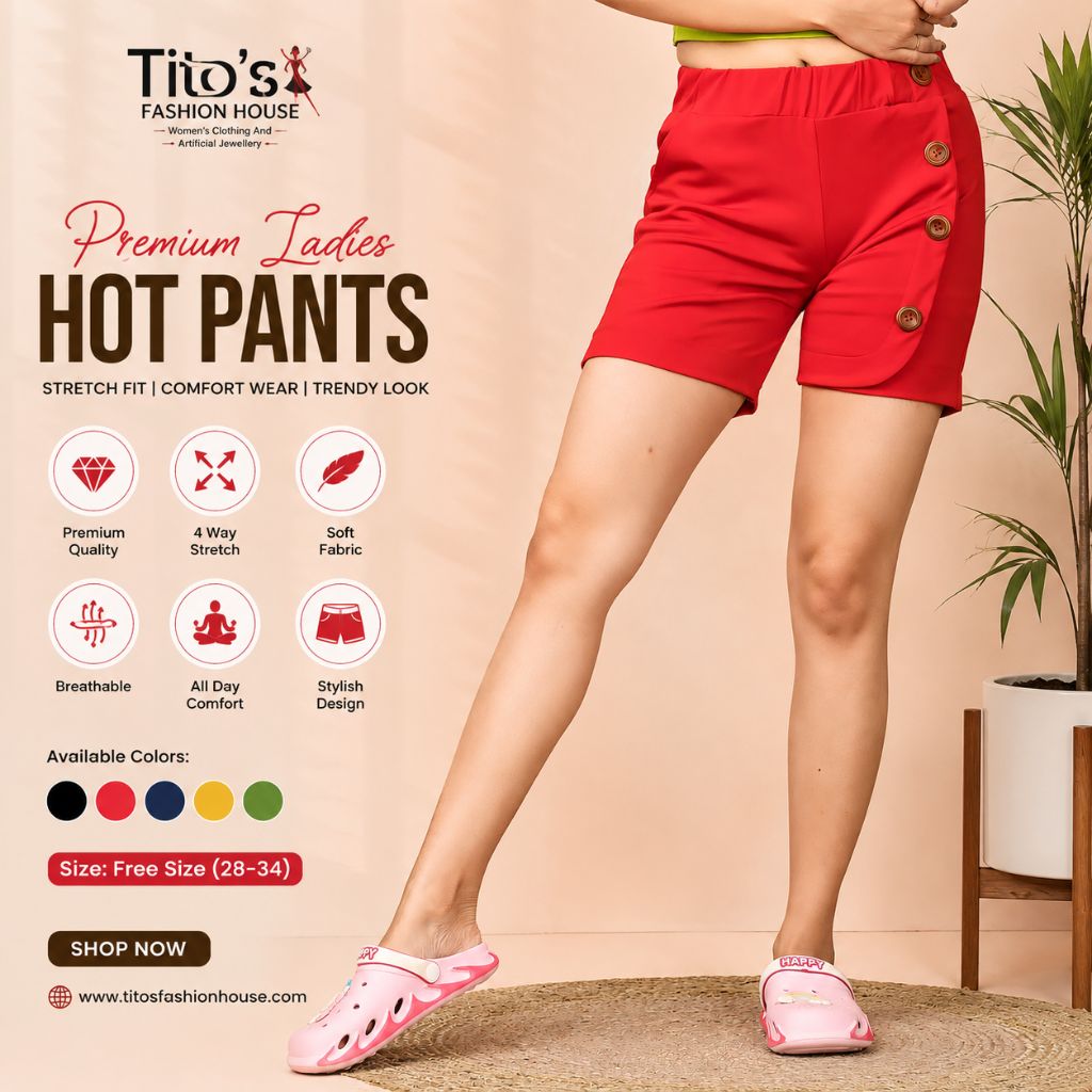 A model wearing bright red hot pants with decorative buttons and pink slip-on shoes, shown in a styled indoor setting with promotional text and icons for Tito's Fashion House.